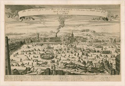 Udsigten til den frosne Thames, taget fra tempeltrappen den 20. januar 171516 af English School