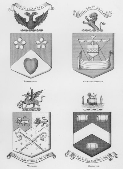 Offentlige våben: Lanarkshire; Amt Renfrew; Wrexham; Congleton (gravering) af English School