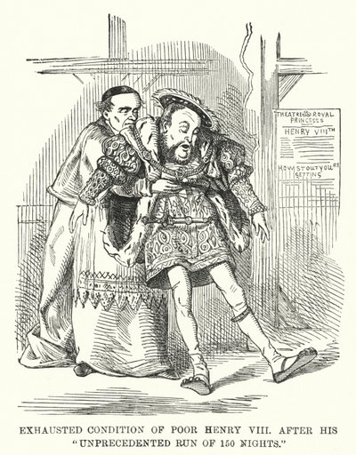 Punch tegnefilm: Udmattet tilstand af den fattige Henry VIII efter hans hidtil usete løb på 150 nætter (gravering) af English School