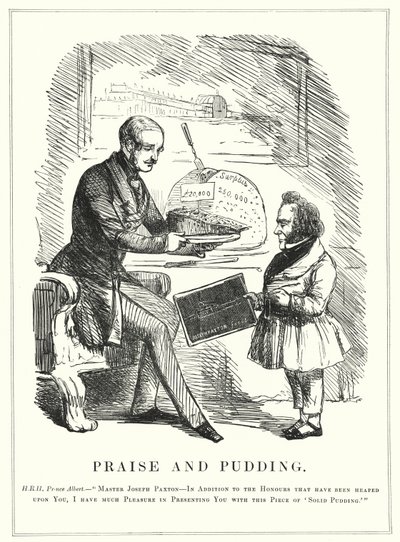 Punch tegnefilm: Praise and Pudding: Prins Albert belønner Joseph Paxton for at designe Crystal Palace til at huse den vellykkede store udstilling fra 1851 i Hyde Park, London (gravering) af English School