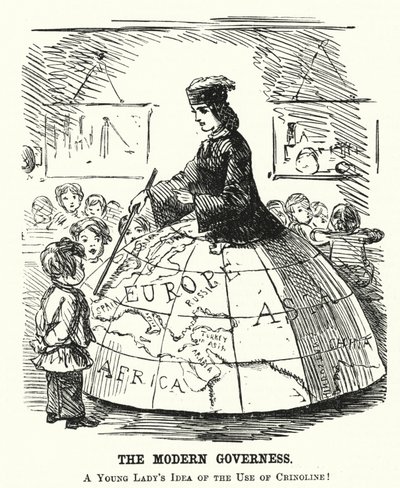 Punch tegneserie: The Modern Governess - en bred bøjleskørt, der tjener som et geografiundervisningshjælpemiddel (gravering) af English School