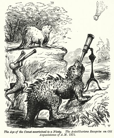 Punch tegneserie: dinosaurer ser på en komet (gravering) af English School