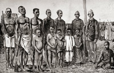 Indfødte pygmæer sammenlignet med engelske officerer, sudanesere og zanzibaris, 1890 (træstik) af English School
