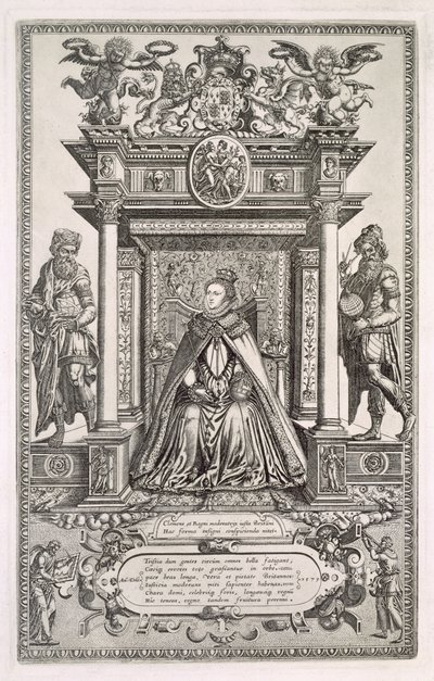 Dronning Elizabeth I (1533-1603) som protektor for geografi og astronomi, frontispice til en bog med saksiske kort over England, 1579 af English School