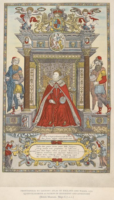 Dronning Elizabeth som protektor for geografi og astronomi. Frontispice til Saxtons atlas over England Wales fra 1579 (farve litho) af English School