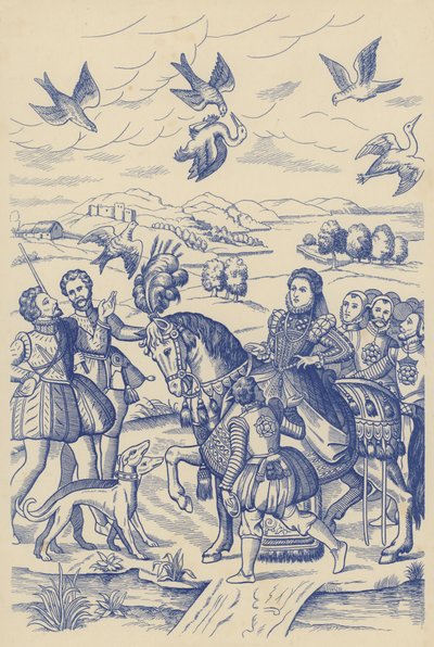 Dronning Elizabeth på jagt (litho) af English School