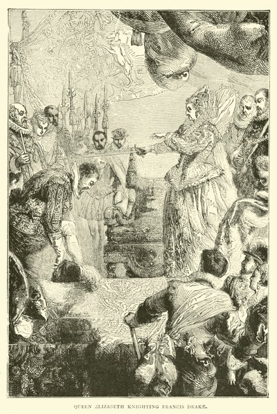Dronning Elizabeth ridder Francis Drake af English School