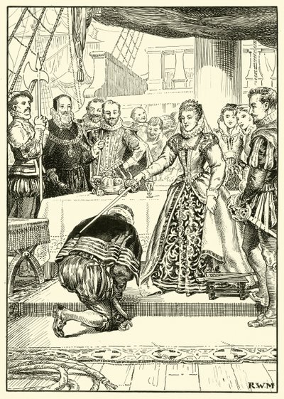 Dronning Elizabeth ombord på den gyldne hind (blæk på papir) af English School