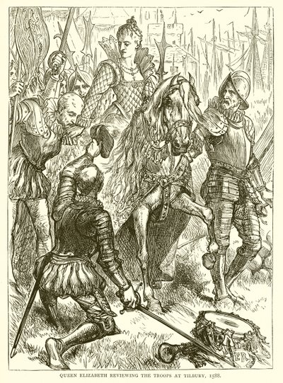 Dronning Elizabeth gennemgår tropperne i Tilbury, 1588 af English School
