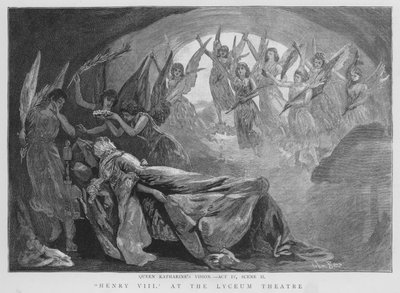 Dronning Katherines vision, scene fra en produktion af Shakespeares Henry VIII på Lyceum Theatre, London (litho) af English School
