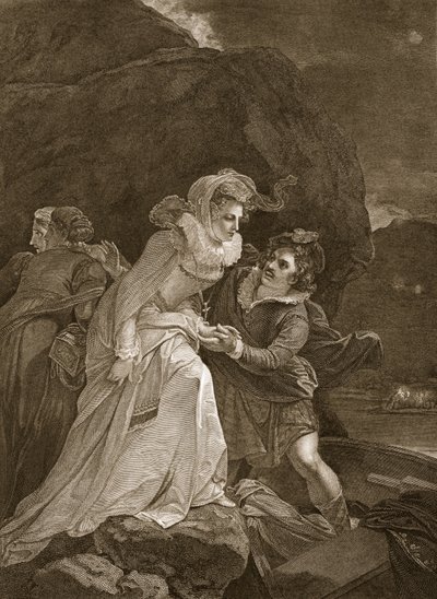 Queen Mary flygter fra Loch Leven Castle, illustration fra David Humes The History of England, pub. af R. Bowyer, London, 1812 af English School