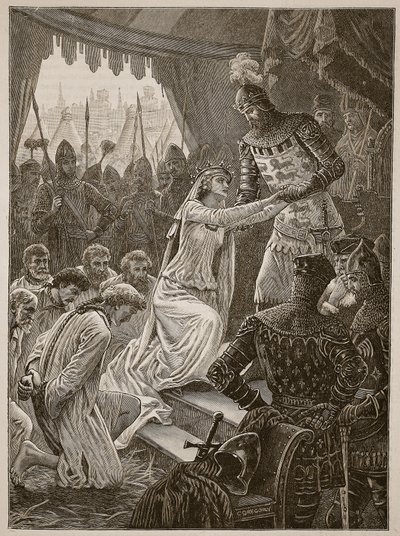 Dronning Philippa går i forbøn for Burghesses of Calais, illustration fra Cassells Illustrated History of England (sepia foto) af English School