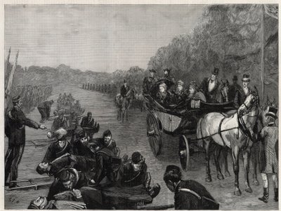 Dronning Victoria - Inspektionen af Hendes Majestæt Dronningen af oberst Seeys ambulancekorps i Windsor Park. Illustration til The Graphic af English School