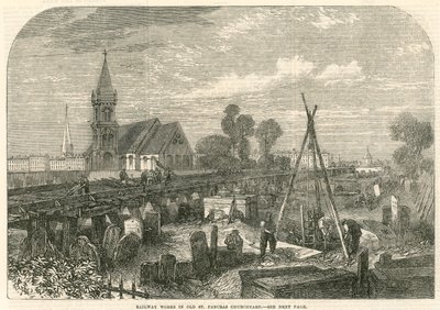 Jernbaneværker i Old St Pancras Churchyard, London af English School