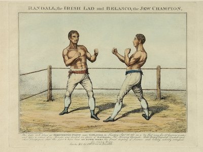Randall, den irske dreng og Belasco, jødemesteren, indgraveret af Williams (farvet radering) af English School