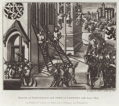 Rasse af Harselles og John af Lannoys med 6000 mænd fra Gent dræbt ved Meule en landsby i Flandern af English School