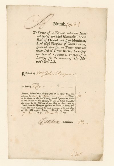 Kvittering for Borgerlistelotteri af 1713 af English School