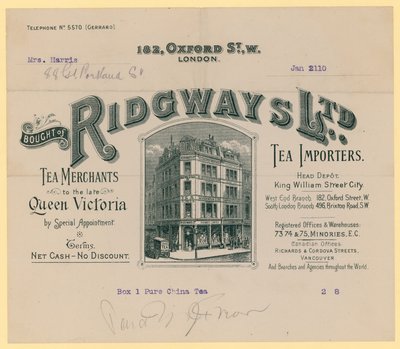 Kvittering fra Ridgways, te-importører, 182 Oxford Street, London af English School