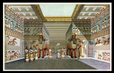 Genopbygning af hallen i et assyrisk palads, fra opdagelser i ruinerne af Nineve og Babylon af Austen Henry Layard (1817-94) af English School