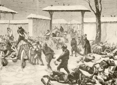 Genvinding af de døde efter belejringen af Plevna, Bulgarien i 1877 (litho) af English School