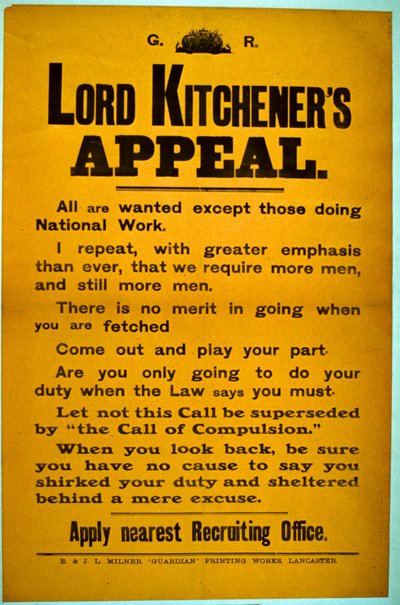 Rekrutteringsplakat - Lord Kitcheners appel, 1914-18 af English School