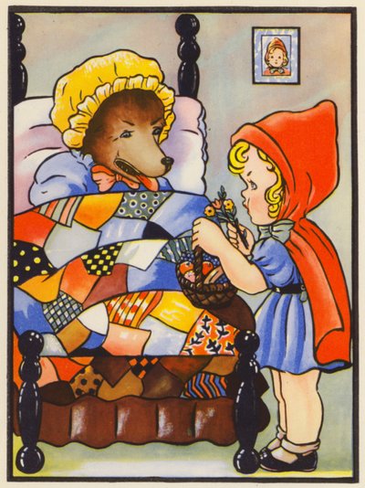 Rødhætte tror, at ulven er hendes bedstemor (farvelitografi) af English School