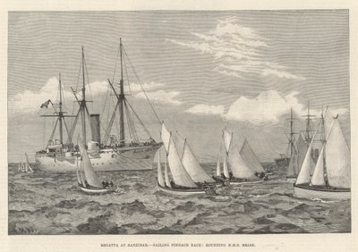 Regatta på Zanzibar, Sailing Pinnace Race, runde HMS Brisk (gravering) af English School