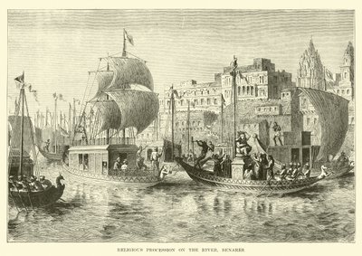 Religiøs procession på floden, Benares af English School