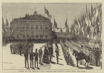 Gennemgang af Ashantee Naval Brigade, Hendes Majestæt, der passerer ned i rækkerne (gravering) af English School