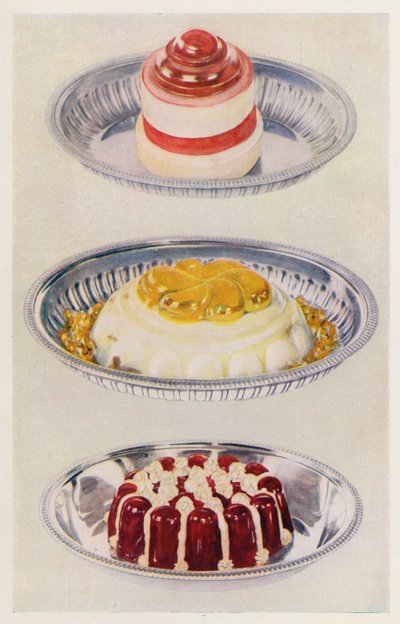Ribbon Jelly; Venus Pudding; Wine Jelly and Cream (farvelitografi) af English School