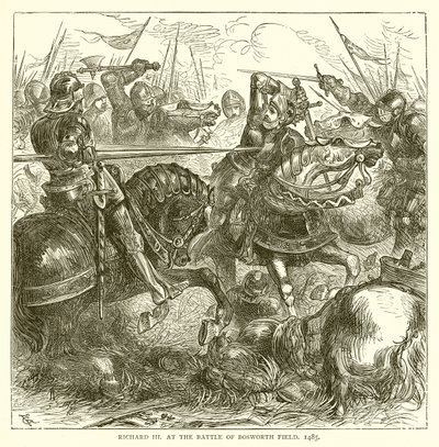 Richard III i slaget ved Bosworth Field, 1485 af English School