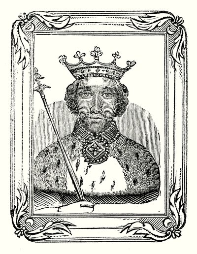 Richard II blev født i 1366, kronet i 1377 og myrdet i 1399 (kobberstik) af English School