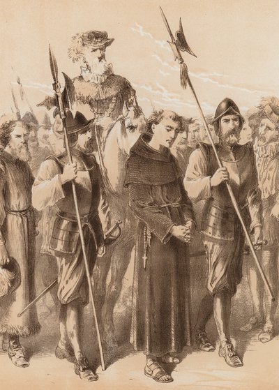 Richard Thirkill, "Bevogtet af sheriffen og hans mænd" (litografi) af English School