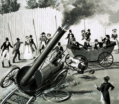Richard Trevithick byggede en lille cirkulær jernbane i London for at introducere folk til togrejser (gouache på papir) af English School