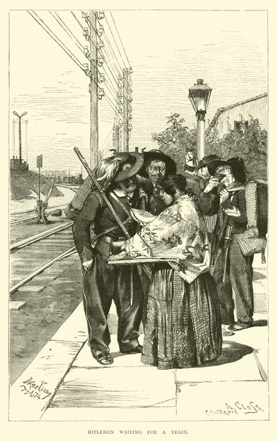 Riflemen waiting for a train  af English School