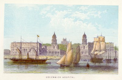 Themsen: Greenwich Hospital (farvet indgravering) af English School