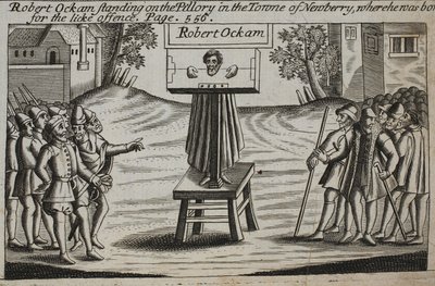 Robert Ockam stående på søjlen i byen Newberry, hvor han blev født, illustration fra Acts and Monuments af John Foxe, niende udgave, pub. 1684 af English School