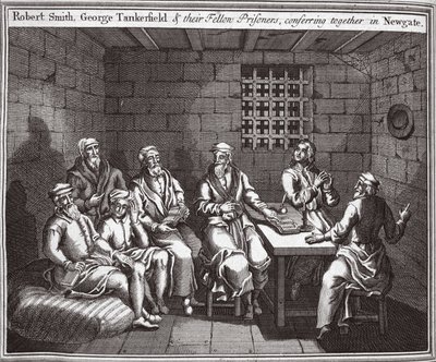 Robert Smith, George Tankerfield og deres medfanger, konfererer sammen i Newgate, illustration fra Foxes Martyrs c.1703 af English School