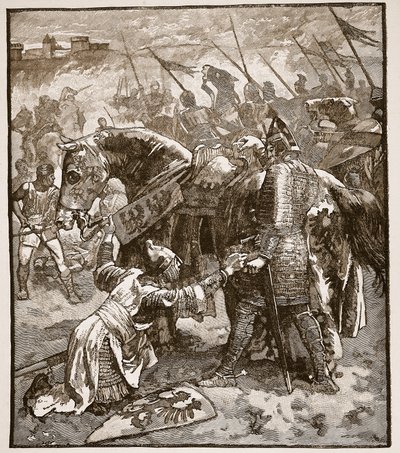 Robert beder sin far om undskyldning, illustration fra Cassells Illustrated History of England (sepiafoto) af English School