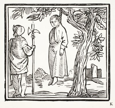 Robert hænger sig selv, illustration fra Chap-books of the Eighteenth Century af John Ashton, pub. 1882 af English School