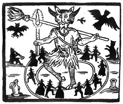 Robin Goodfellow, repræsenteret som Priapus med gedehorn, oprejst penis og omgivet af en kreds af dansende tilbedere af English School