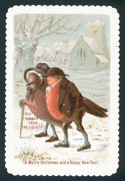 Robins iført tøj, julekort af English School