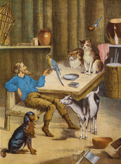 Robinson Crusoe (farvelitografi) af English School