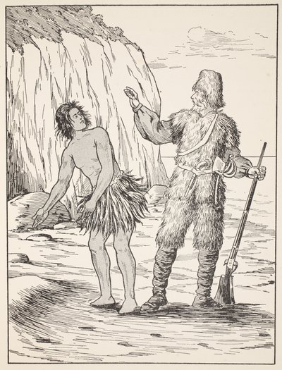 Robinson Crusoe og Friday, illustration fra The Story of Robinson Crusoe: En tilpasning for børn efter Defoes sprog, pub. af Griffith Farran Browne & Co. Limited, London af English School