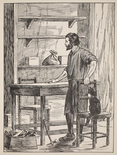 Robinson Crusoe bygger bord og stole til sin hule, illustration fra The Story of Robinson Crusoe: An adaptation for children following Defoes language, pub. af Griffith Farran Browne & Co. Limit af English School