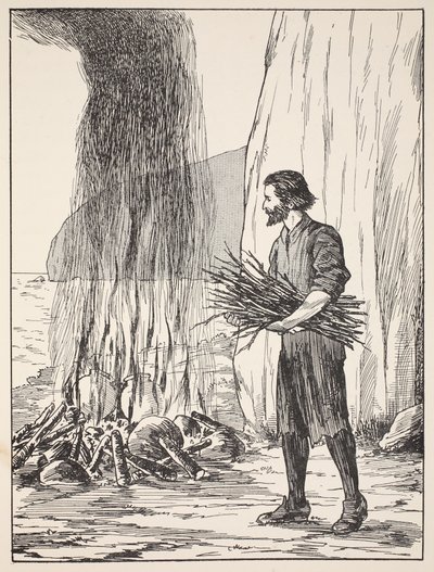 Robinson Crusoe madlavning, illustration fra The Story of Robinson Crusoe: En tilpasning for børn efter Defoes sprog, pub. af Griffith Farran Browne & Co. Limited, London af English School