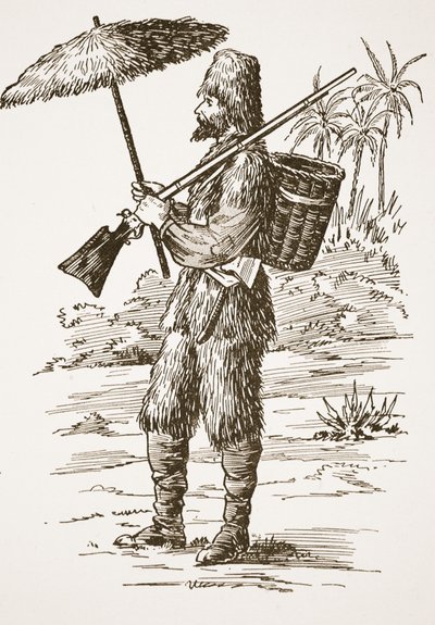 Robinson Crusoe, illustration fra The Story of Robinson Crusoe: En tilpasning for børn efter Defoes sprog, pub. af Griffith Farran Browne & Co. Limited, London af English School