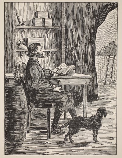 Robinson Crusoe i sin hule, illustration fra The Story of Robinson Crusoe: An adaptation for children following Defoes language, pub. af Griffith Farran Browne & Co. Limited, London af English School
