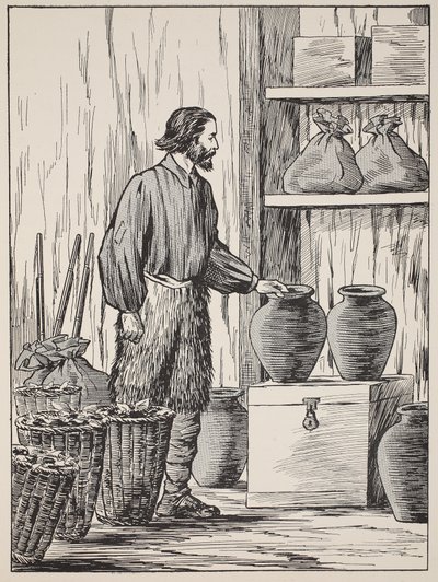 Robinson Crusoe i sit lagerrum, illustration fra The Story of Robinson Crusoe: En tilpasning for børn efter Defoes sprog, pub. af Griffith Farran Browne & Co. Limited, London af English School
