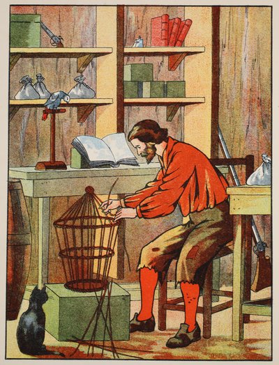 Robinson Crusoe laver et bur til sin papegøje, illustration fra The Story of Robinson Crusoe: En tilpasning for børn efter Defoes sprog, pub. af Griffith Farran Browne & Co. Limited, London af English School